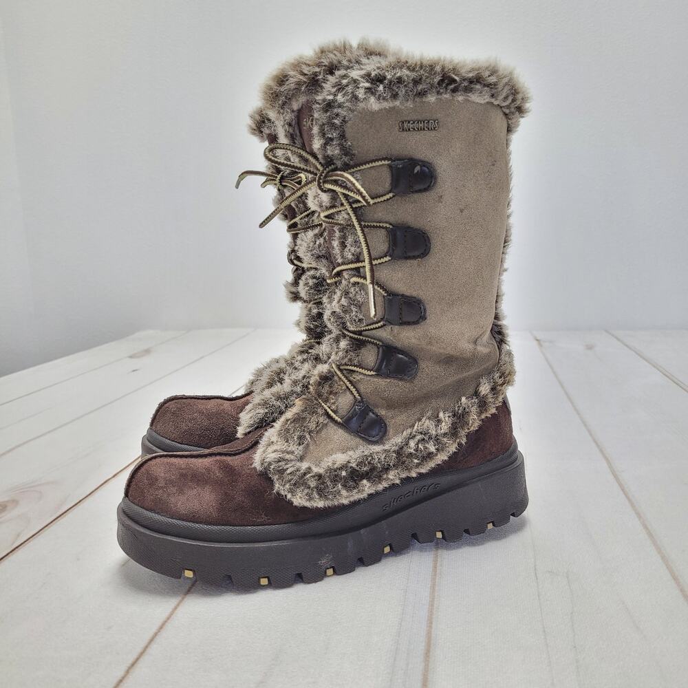 Vintage Skechers Y2k suede faux fur leather lace up snow boots platform bratz 7